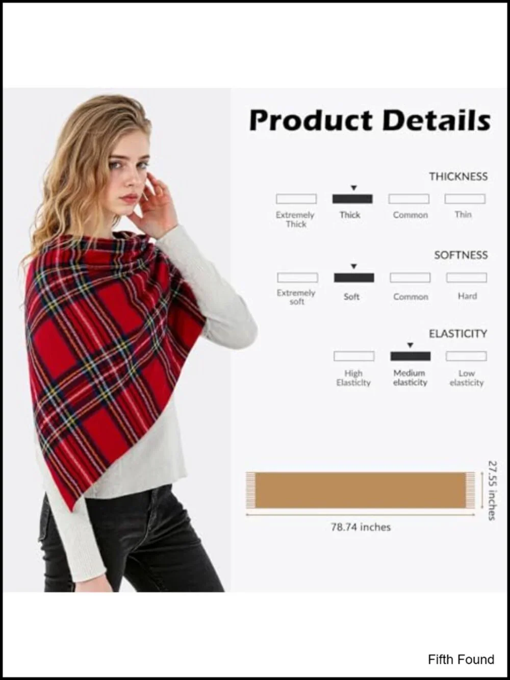 Plaid Shawl Wrap Oversized Winter Scarf Fringed Polyester